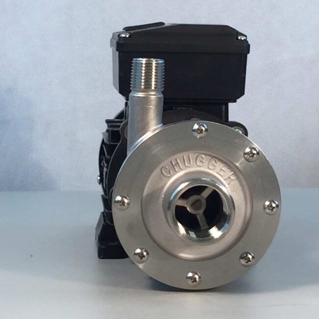 Front view of main port on a Chugger Max hi temp pump used for wort when brewing beer.