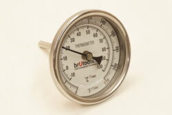 1/2" NPT short stem brewing thermometer with brutools logo.