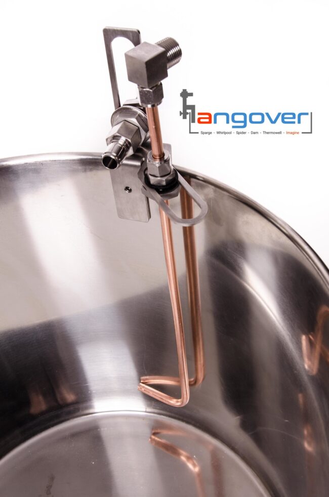 Overhead view of copper whirlpool arm on Hangover inside brew kettle.