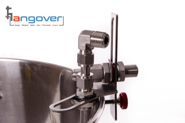 top elbow fitting on 1/2" stainless steel whirlpool arm attached to a Hangover.