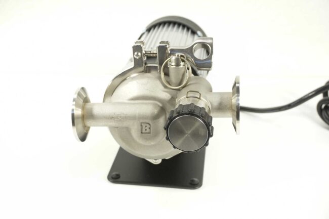 Front view of the TC version Riptide wort pump for brewing by Blichmann Engineering.
