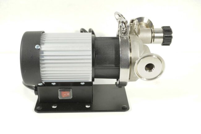 Blichmann Riptide pump with tri clamp fittings from the left side.