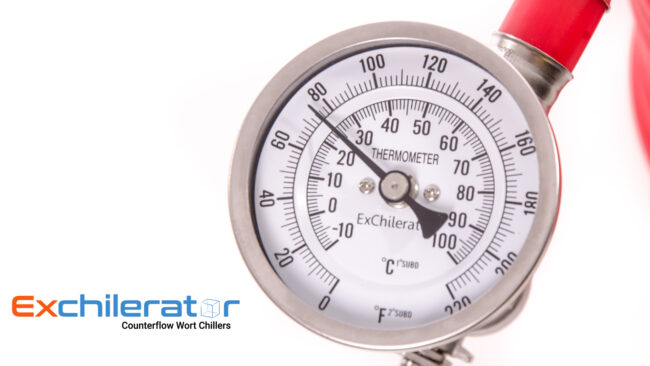 Thermometer face and bezel on the Maxx Counterflow wort chiller ready to brew model.
